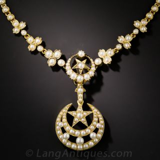 Victorian Crescent and Star Pearl Necklace With Detachable Pendant
