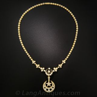 Victorian Crescent and Star Pearl Necklace With Detachable Pendant