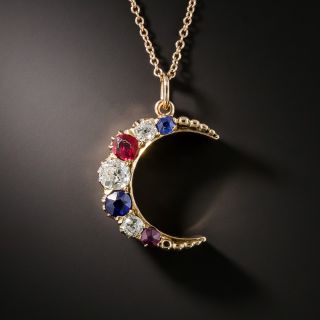 Victorian Crescent Moon Pendant with Diamonds, Sapphires, and Rubies - 2
