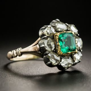 Victorian Cushion-Cut Emerald and Rose-Cut Diamond Cluster Ring