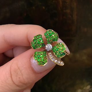 Victorian  Demantoid and Diamond Four-Leaf Clover Pin