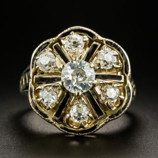 Victorian Diamond and Black Enamel Cluster Ring - 2