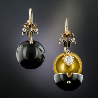 Victorian Diamond and Black Enamel Coach Cover Earrings  - 3