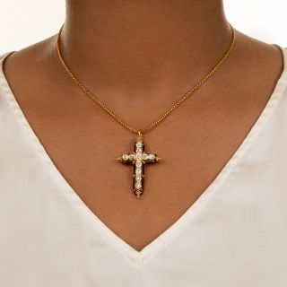 Victorian Diamond And Black Enamel Cross Pendant/Brooch