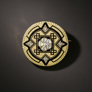 Victorian Diamond and Black Taille D'Epargne Enamel Brooch - 2