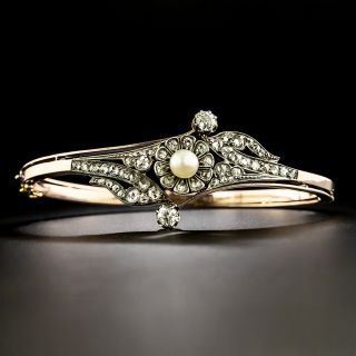 Victorian Diamond and Natural Pearl Bangle Bracelet - 2