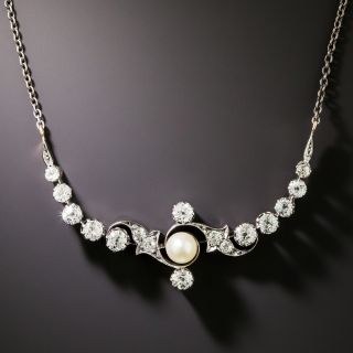 Victorian Diamond and Natural Pearl Crescent Necklace - 2