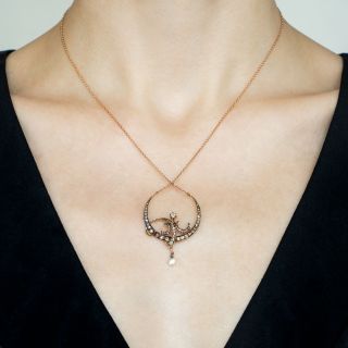 Victorian Diamond and Natural Pearl Crescent Necklace