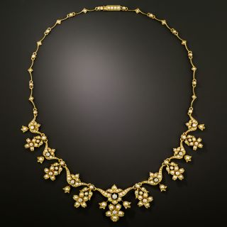Victorian Diamond and Natural Seed Pearl Fringed Necklace, English - 2