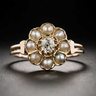 Victorian Diamond and Pearl Cluster Ring
