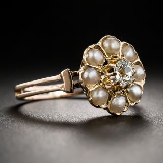 Victorian Diamond and Pearl Cluster Ring
