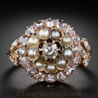 Victorian Diamond and Pearl Cluster Ring