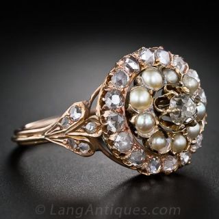 Victorian Diamond and Pearl Cluster Ring