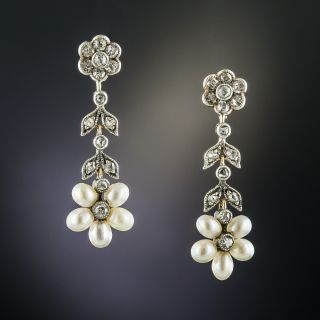 Victorian Diamond and Pearl Floral Drop Earrings - 2