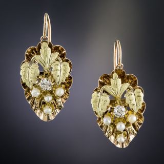 Victorian Diamond and Pearl Leaf Motif Earrings - 1