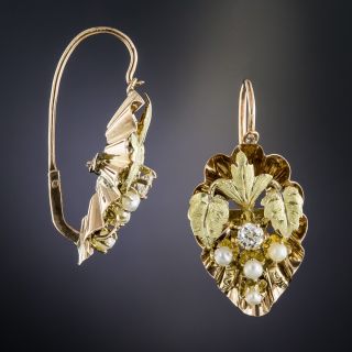 Victorian Diamond and Pearl Leaf Motif Earrings