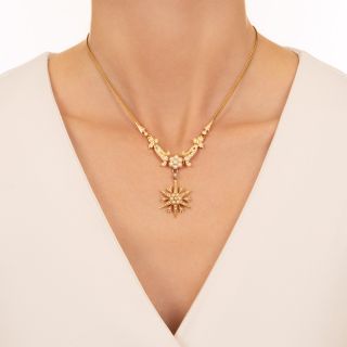 Victorian Diamond and Pearl Starburst Necklace