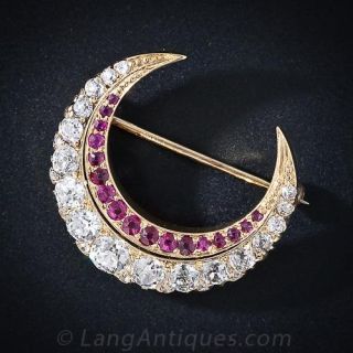 Victorian Diamond and Ruby Crescent Brooch - 1