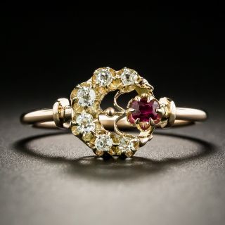 Victorian Diamond and Ruby Crescent Ring - 2