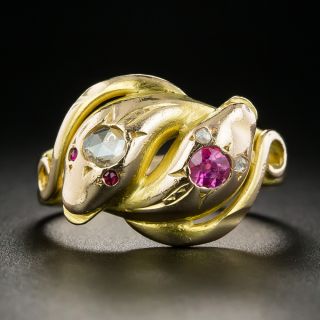 Victorian Diamond and Ruby Double Snake Ring  - 2
