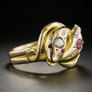 Victorian Diamond and Ruby Double Snake Ring 