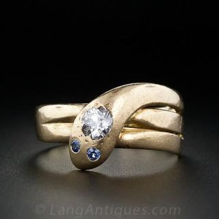 Victorian Diamond and Sapphire Coiled Snake Ring 