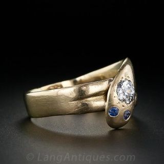 Victorian Diamond and Sapphire Coiled Snake Ring 