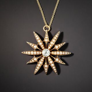 Victorian Diamond and Seed Pearl Starburst Pendant - 1