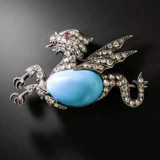 Victorian Diamond and Turquoise Glass Griffin Brooch - 2