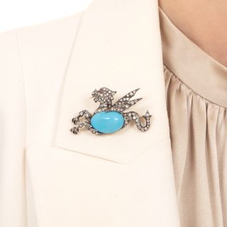 Victorian Diamond and Turquoise Glass Griffin Brooch