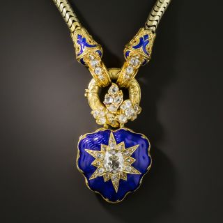 Antique Diamond Blue Enamel Heart Locket Necklace - 2