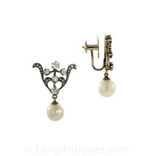 Victorian Diamond Earrings with Pearl Dangles