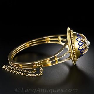 Victorian Diamond, Enamel and Natural Pearl Bangle Bracelet