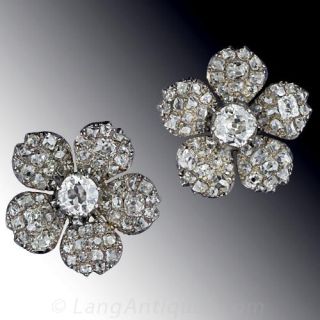 Victorian Diamond Silver Topped Gold Flower Earrings