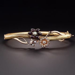 Victorian Diamond Garnet and Seed Pearl Flower Bangle Bracelet - 1