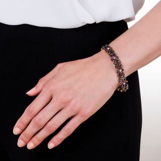 Victorian Diamond Ruby Flower and Scroll Bracelet