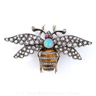 Victorian Diamond, Tiger's Eye, Opal and Ruby Bee Pin