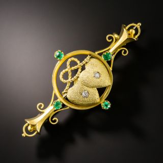 Victorian Double Heart Diamond and Emerald Brooch - 3