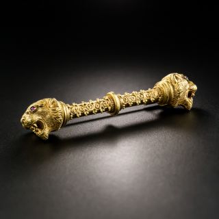 Victorian Double Lions Head Bar Brooch - 2