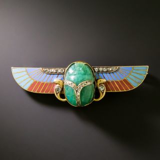 Victorian Egyptian Revival Winged Amazonite Scarab, Diamond and Enamel Brooch - 2