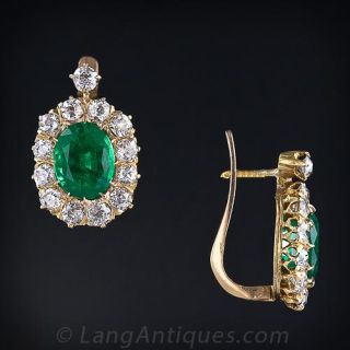 Victorian Emerald and Diamond Cluster Earrings