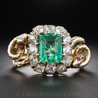 Victorian Emerald and Diamond Double Snake Ring
