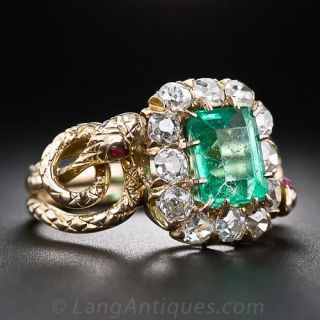 Victorian Emerald and Diamond Double Snake Ring