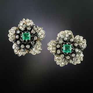 Victorian Emerald and Diamond Flower Earrings - 3