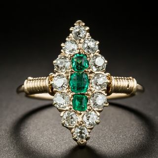Victorian Emerald and Diamond Navette Ring  - 3