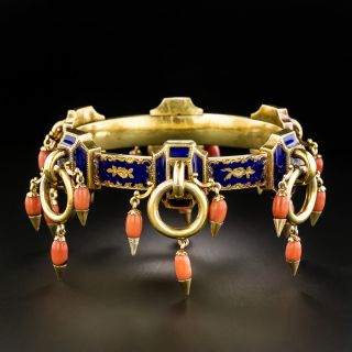 Victorian Enamel And Coral Bangle Bracelet - 2