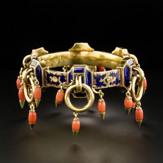 Victorian Enamel And Coral Bangle Bracelet