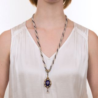 Victorian Enamel and Diamond Locket with Seed Pearl and Lapis Necklace