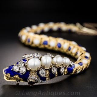 Victorian Enamel Diamond Natural Pearl Snake Bracelet