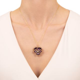 Victorian Enamel Pansy Diamond and Seed Pearl Pendant/Brooch